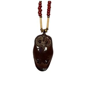 Free‎ People Owl Pendant Necklace Brown Wood Beaded Boho Chic Statement Jewelry